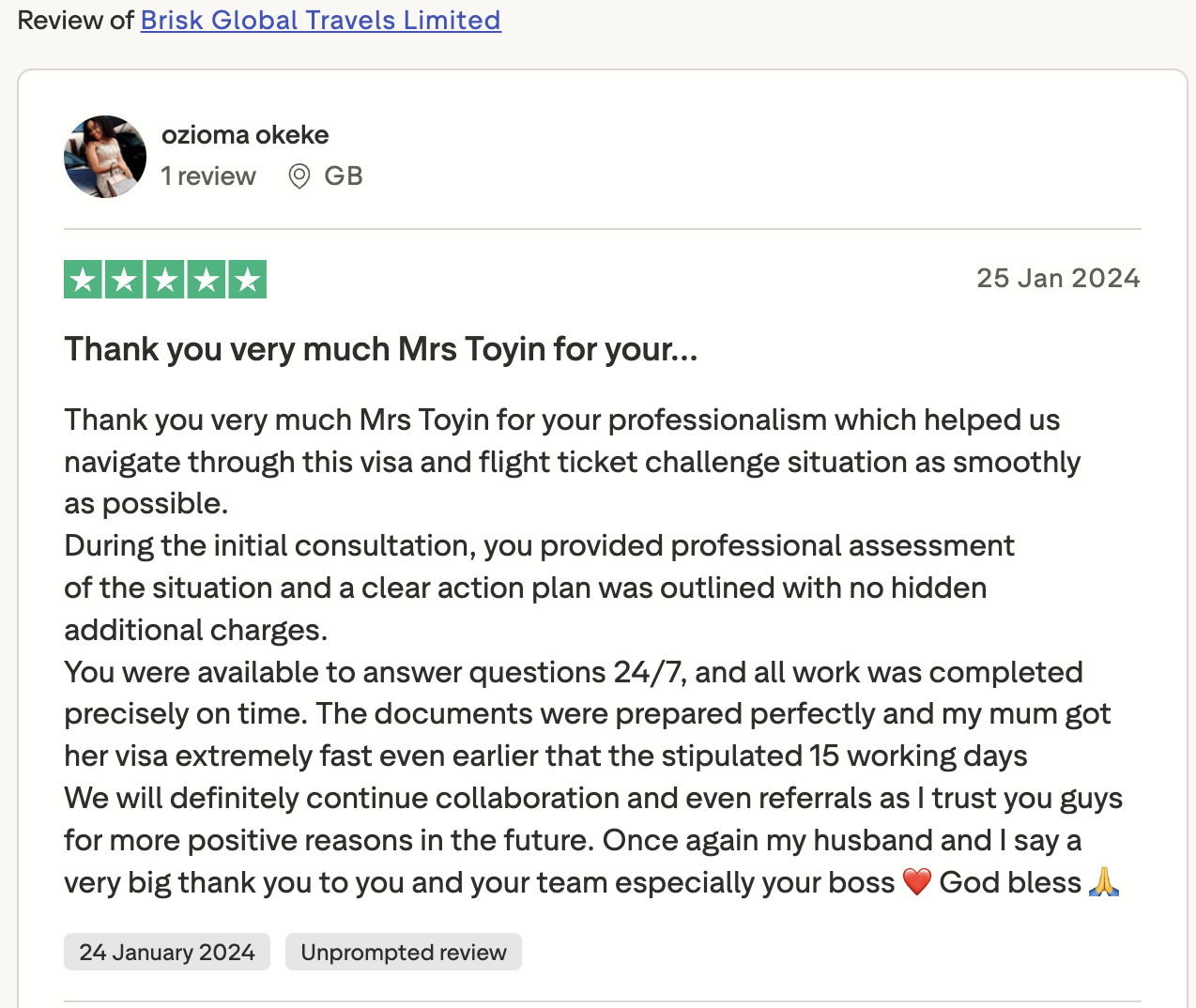 Brisk Travels Trustpilot review